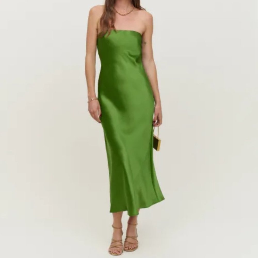 Reformation Joanne Silk Dress in Palm Green